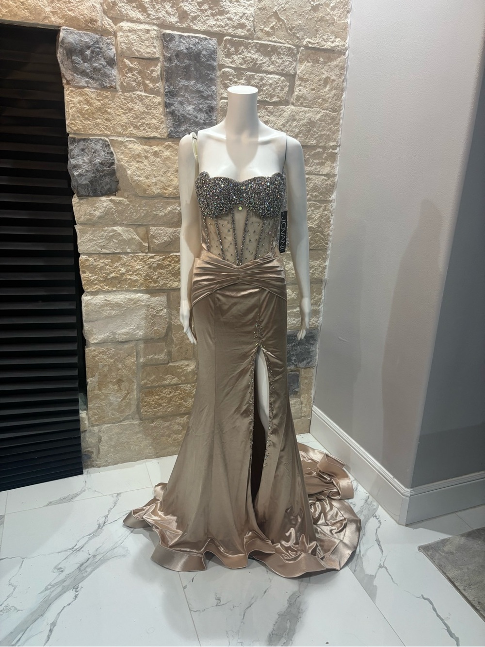 Jovani Champagne Beaded Bustier Satin Prom Gown